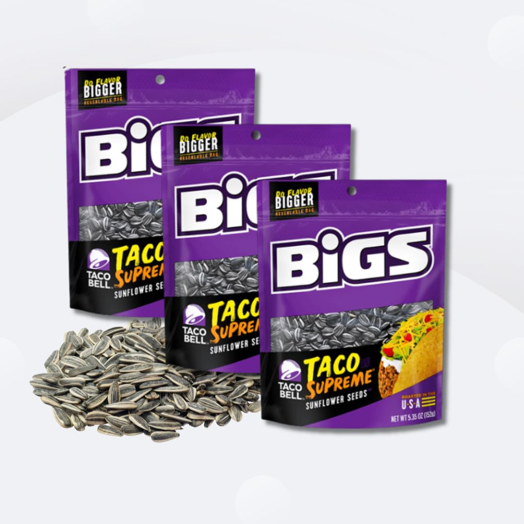 BIGS Multipack Sunflower Seeds Easy Travel Snacks for Sport (3 PACK, Taco Supreme) Intrepid Collective Packaging with Baseball S