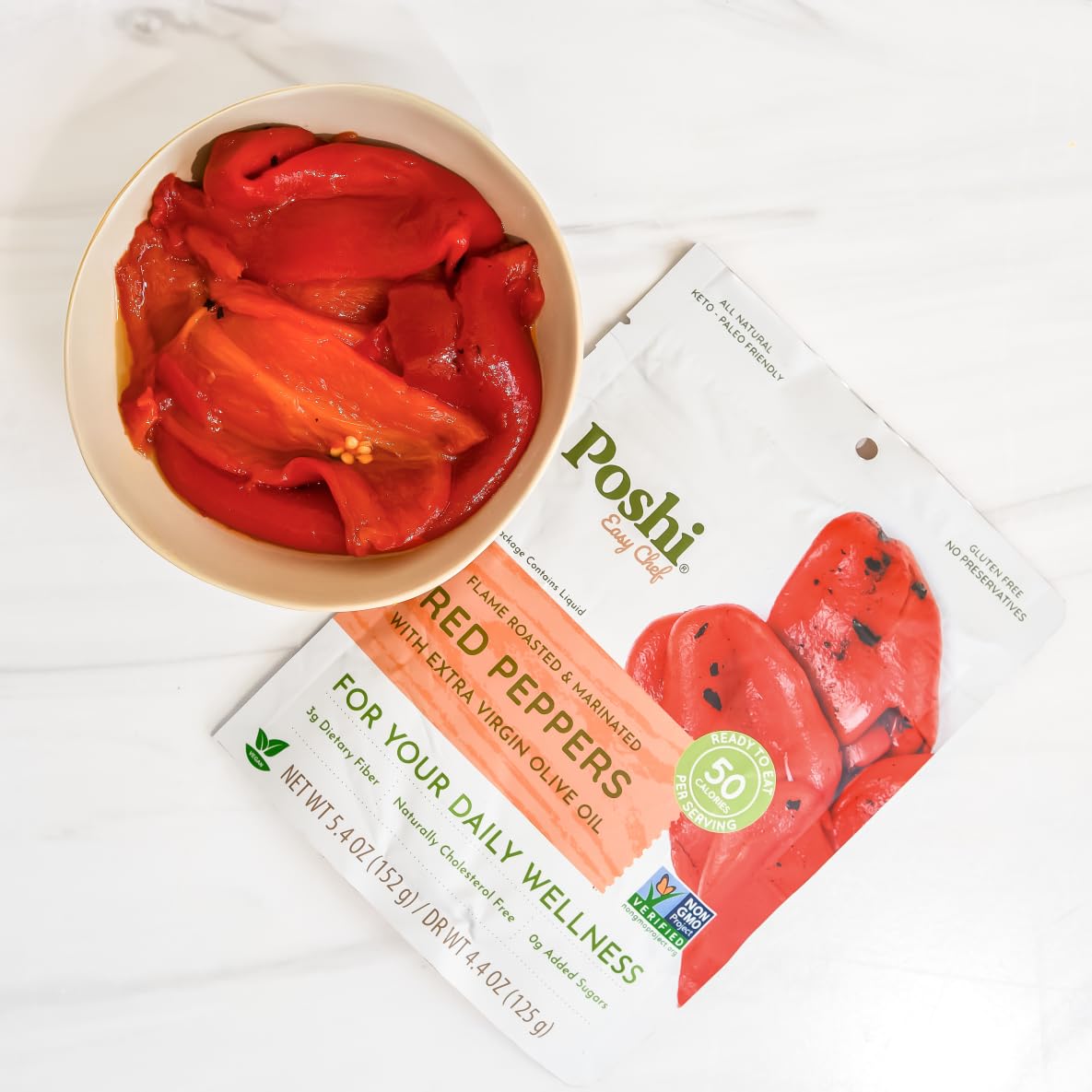 POSHI Flame Roasted Red Peppers in Extra Virgin Olive Oil Natural, Keto, Vegan, Non GMO, Low Carb + Calorie, Gluten Free, Ready