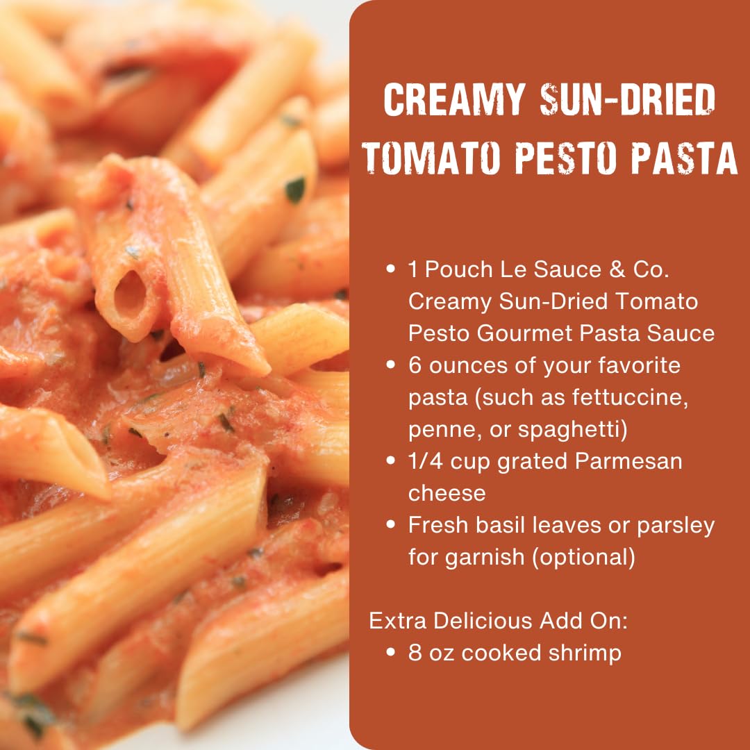 Always Fresh, Two Servings, Creamy Sun-Dried Tomato Pesto Gourmet Pasta Sauce (2-Pack) Le Sauce & Co. Imported Italian San Marzano Tomatoes, Creamy Pasta Sauce, Penne Rosa, All Natural, Spirit-Inspired Flavor Sauce