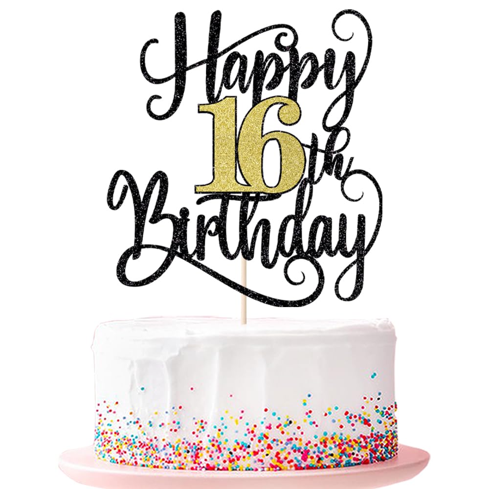 Happy 16Th Birthday Cake Topper, 16 Birthday Party Cake Decorations (Black And Gold Flashes, 16Th)