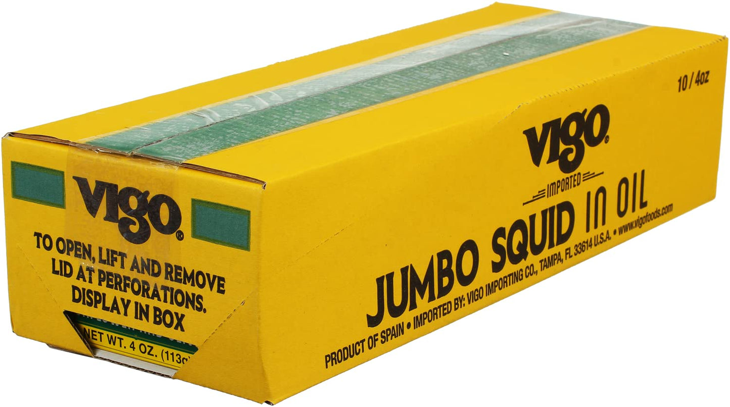 Vigo Premium Imported Canned Seafood, Jumbo Squid In Sunflower & Olive Oil, Specialty Flavored, Perfect For Recipes And Dishes (Jumbo Squid In Sunflower & Olive Oil, 4 Ounce (Pack Of 10))