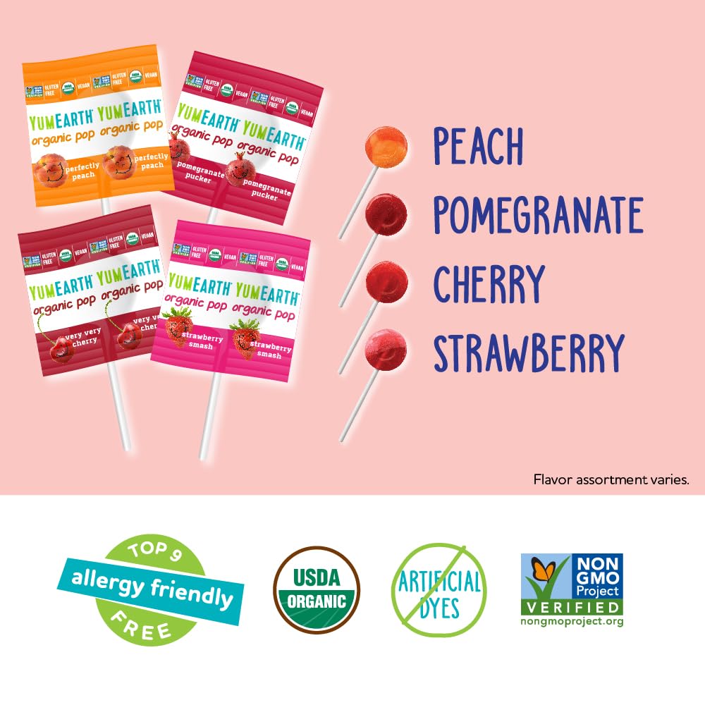 YumEarth Organic Pops Variety Pack, 14 Fruit Flavored Favorites Lollipops, Allergy Friendly, Gluten Free, Non-GMO, Vegan, No Art