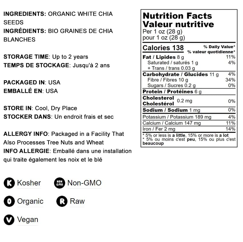 Organic White Chia Seeds, 15 Pounds - Whole, Raw, Kosher, Keto, Sirtfood, Vegan, Bulk. Rich In Omega 3, Omega 6, Dietary Fiber,