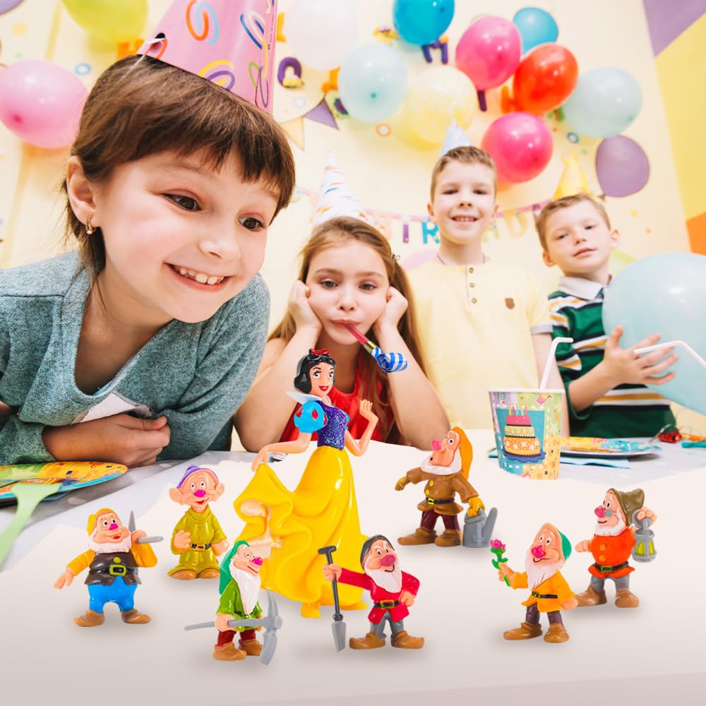 Snow White And The Seven Dwarfs Mini Figurines - 8Pcs Set Princess Figurines With All 7 Dwarfs - Princess Cake Topper Ideal For