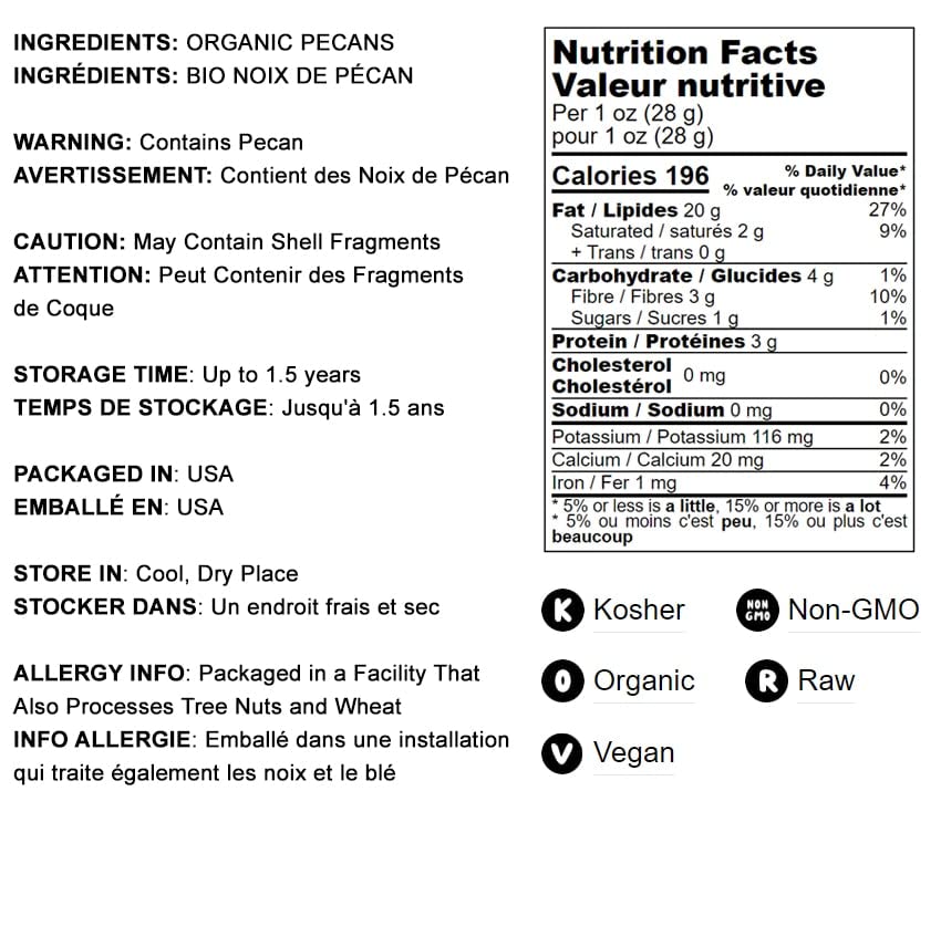 Food To Live Organic Pecan Pieces, 12 Ounces Raw, Chopped Pecans, Non-Gmo, Unsalted, Unroasted, Kosher, Shelled, Kosher, Vegan,