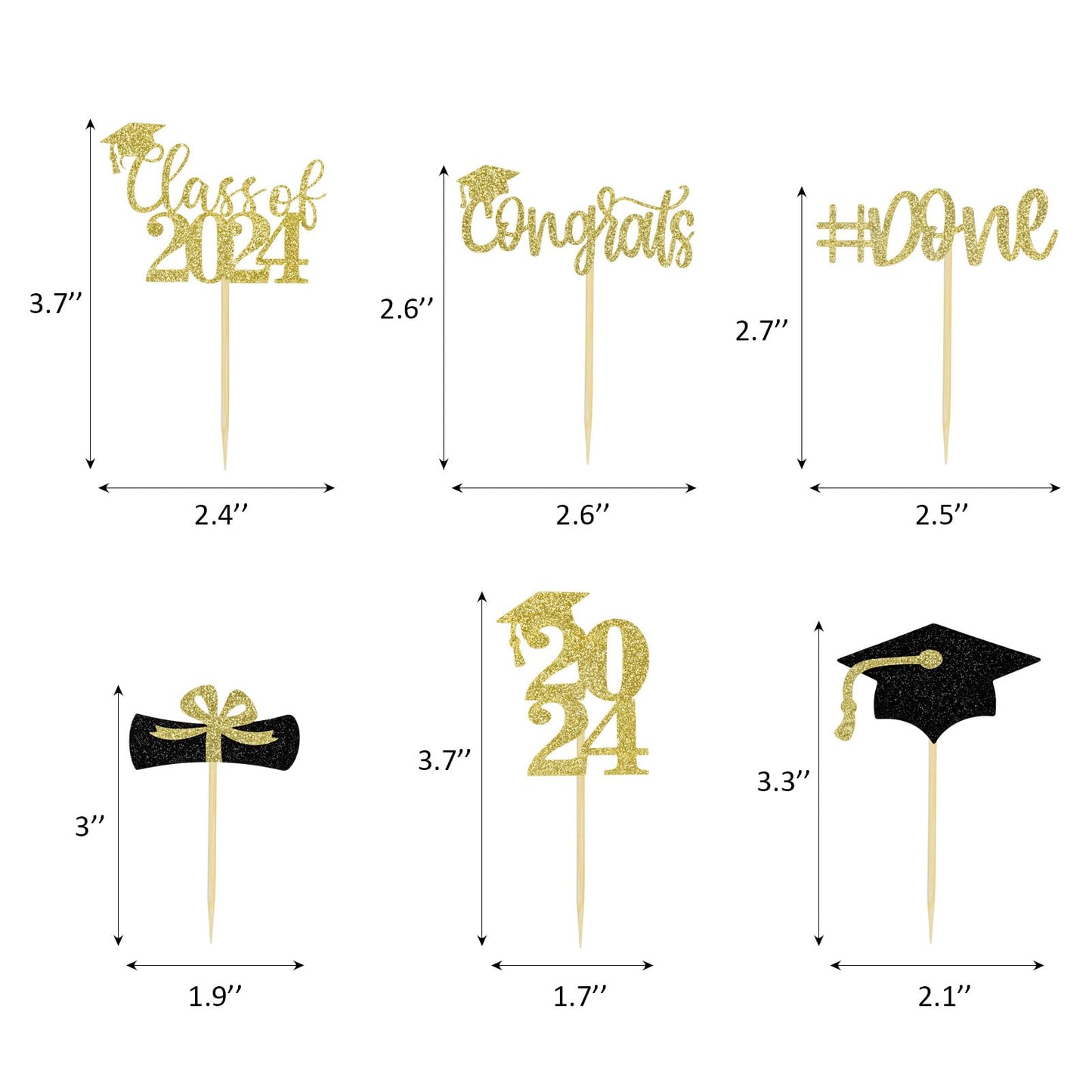 24Pcs Glitter Graduation Cupcake Toppers 2024 Gold Cupcake Picks For Graduation Theme Decorations Class Of 2024 No Diy Need