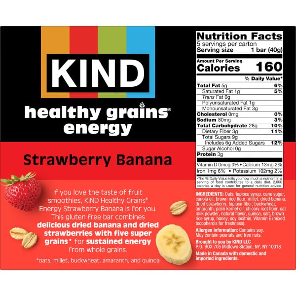 KIND Healthy Grains Energy Bars, Strawberry Banana, 19g Whole Grains, Made with Super Grains, Gluten Free Snacks, 40 Ct.