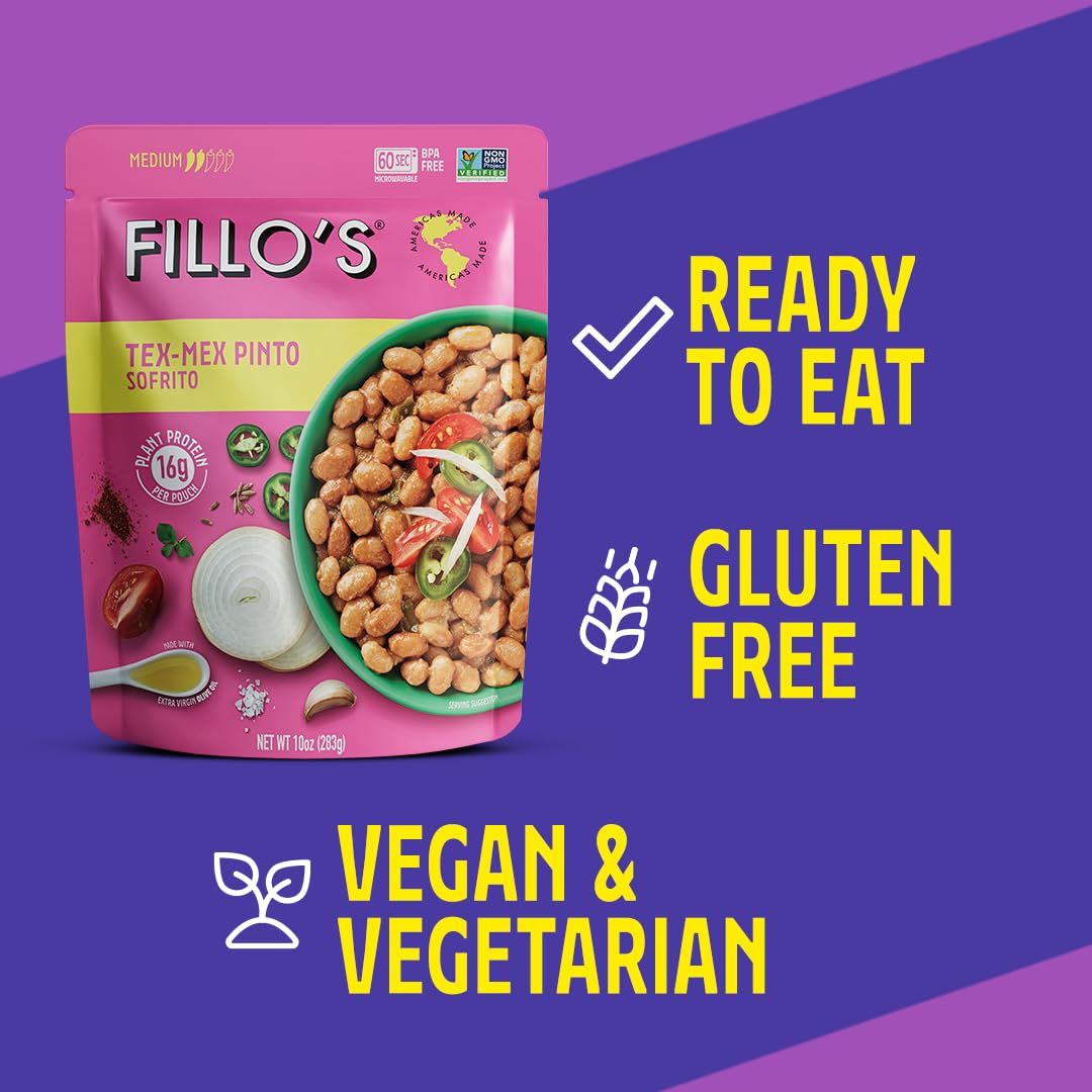 Fillo'S Tex Mex Pinto Beans - Ready To Eat Beans, Gluten-Free, Preservative-Free, Microwavable, Non-Gmo, Vegan Friendly, Plant P