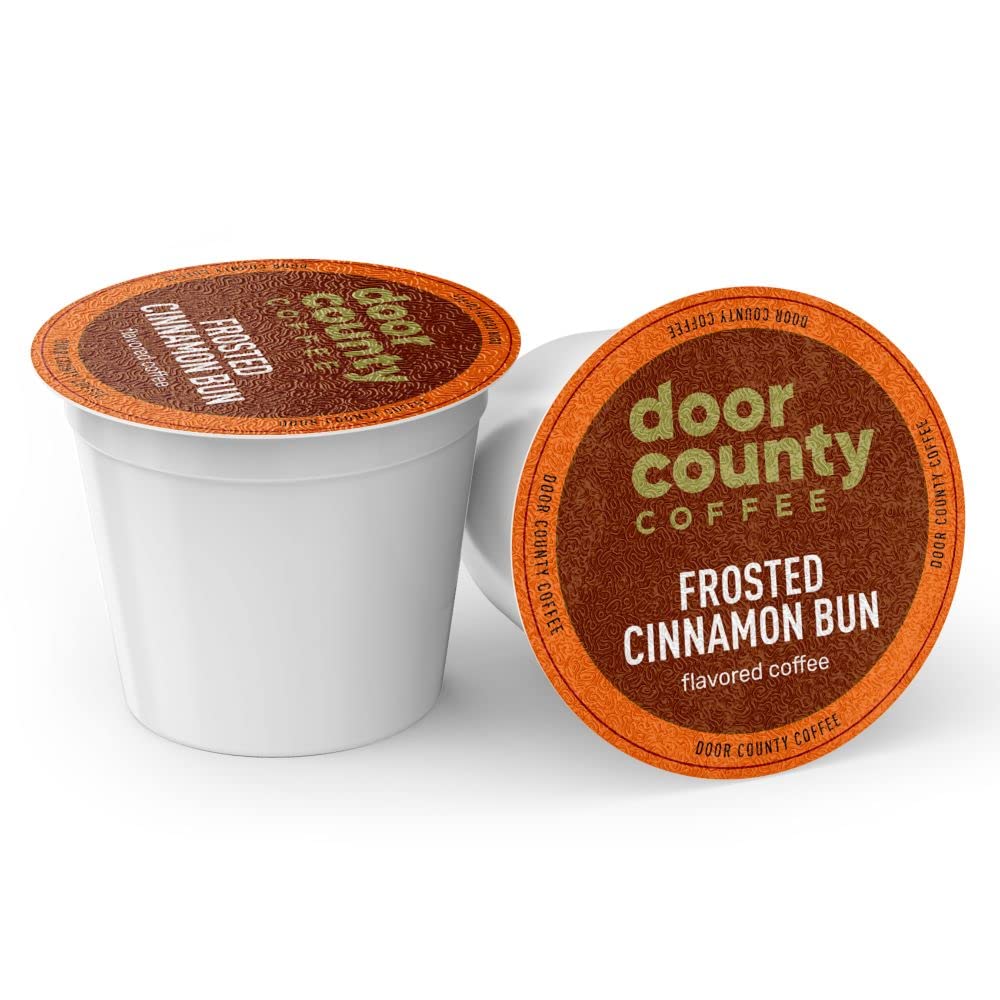 Door County Coffee Frosted Cinnamon Buns Flavored Coffee Ground | 10 Count Single Serve Cups | Medium Roast | 100% Specialty Ara