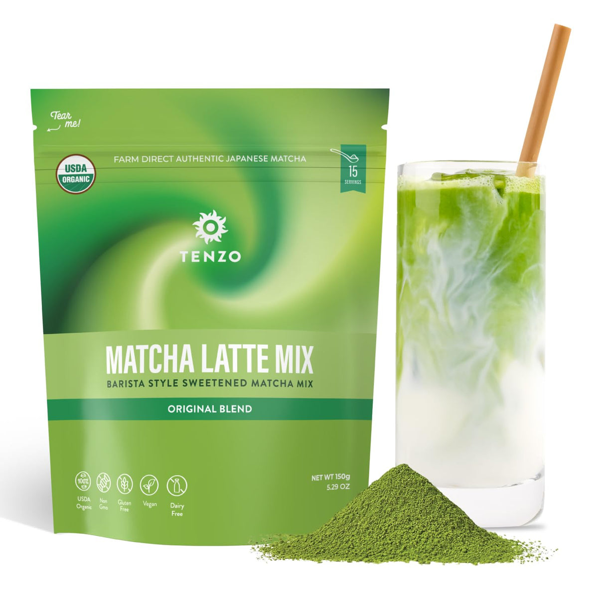 Tenzo Matcha Green Tea Powder, Organic Cafe Sweetened Matcha Latte Green Tea Powder, Ceremonial Barista Crafted Mix - Authentica