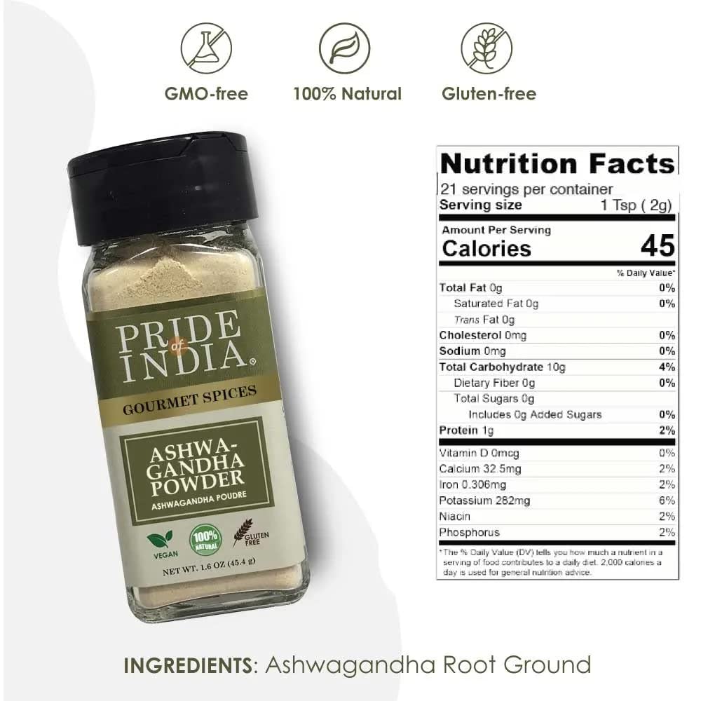 Pride Of India Natural Ashwagandha Root Ground - 1.6 oz Small Dual Sifter Jar - Gluten Free, Easy to Use