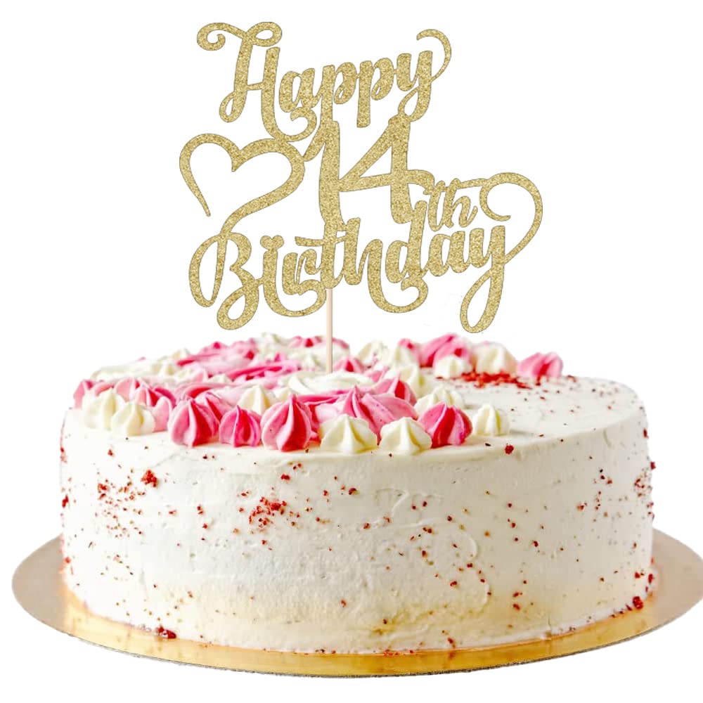 Arokippry Gold Glitter Happy 14Th Birthday Cake Topper - 14 Anniversarybirthday - Hello 14, Cheers To 14 Years,14  Fabulous Cake