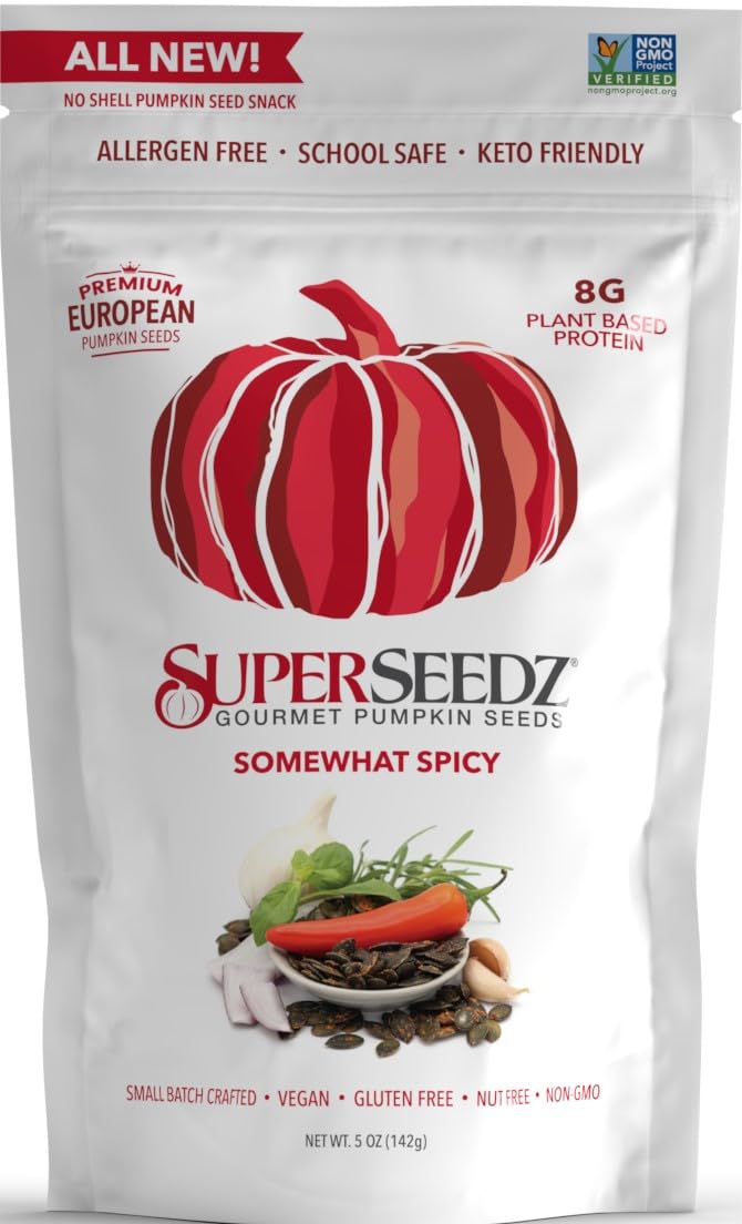 SuperSeedz Dry Roasted Pumpkin Seeds - Somewhat Spicy Pepitas, Whole 30, Paleo, Vegan & Keto Snacks, 8g Plant Based Protein, Pro