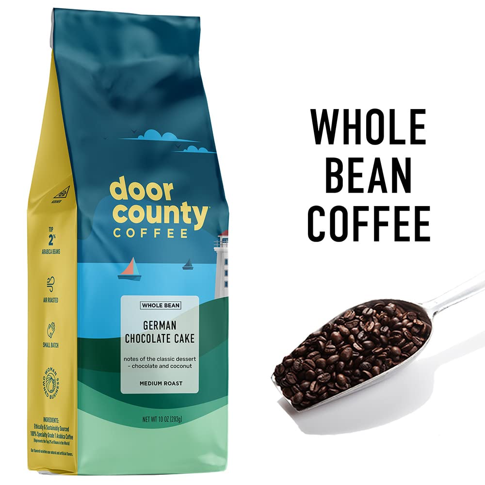 Door County Coffee German Chocolate Cake Flavored Coffee Whole Bean | 10 Oz Bag | Flavored Whole Bean Coffee Medium Roast | 100%
