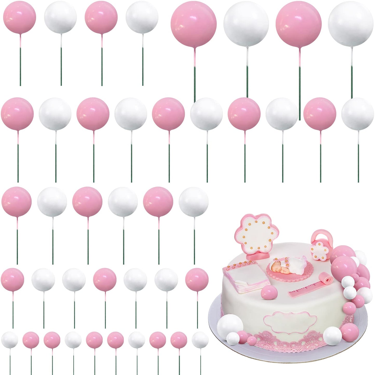 Jetec Mini Balloon Cake Topper Set, 66 Pieces, Foam and Faux Pearl, Pink and White for Birthday, Graduation, Baby Shower