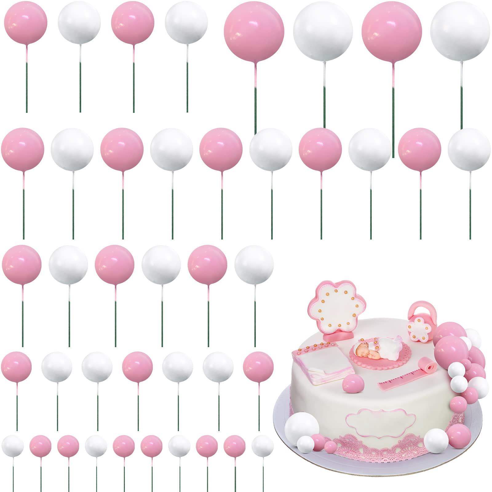 Jetec Mini Balloon Cake Topper Set, 66 Pieces, Foam and Faux Pearl, Pink and White for Birthday, Graduation, Baby Shower