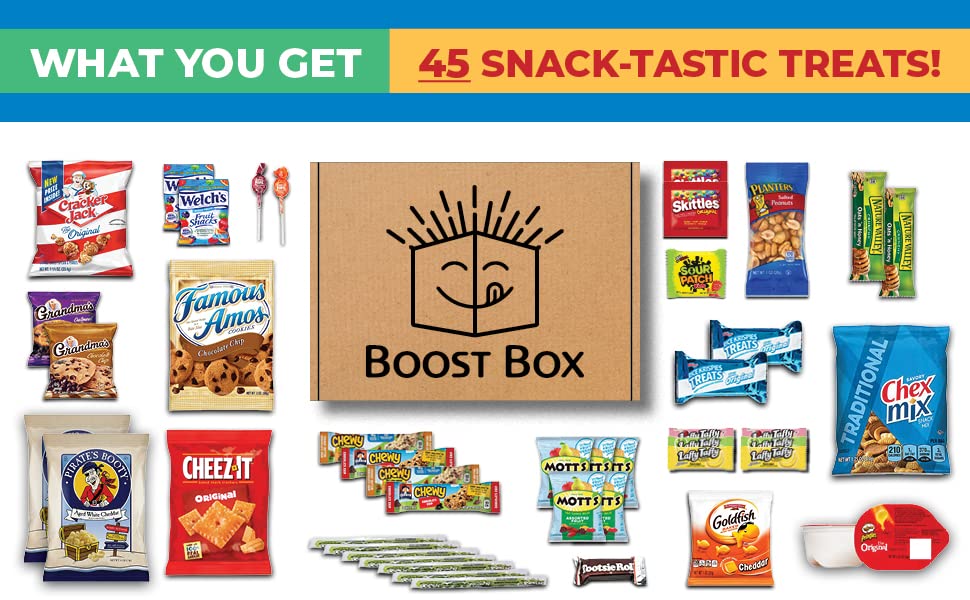 BoostBox Premium Snack Boxes Variety Pack - 45 Count Gift Sampler for Kids, mature-themeds, Office Staff, College Students