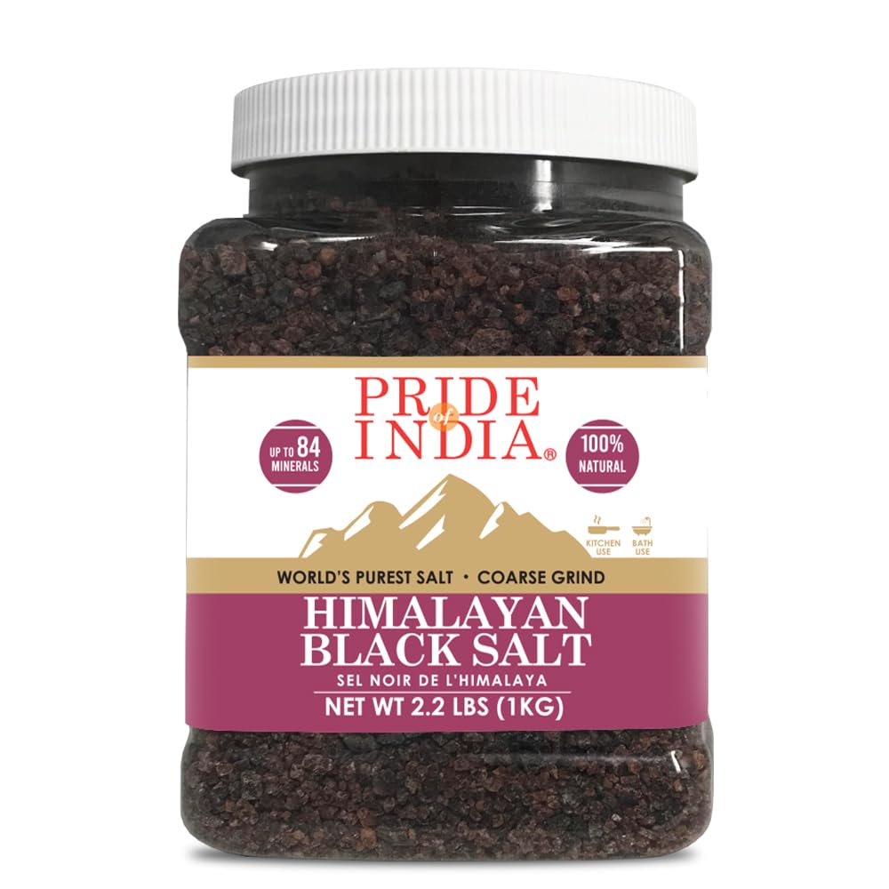 Pride Of India Himalayan Black Rock Salt Coarse Grind 2.2 lbs Jar - 84+ Minerals, Perfect for Cooking and Bath Use