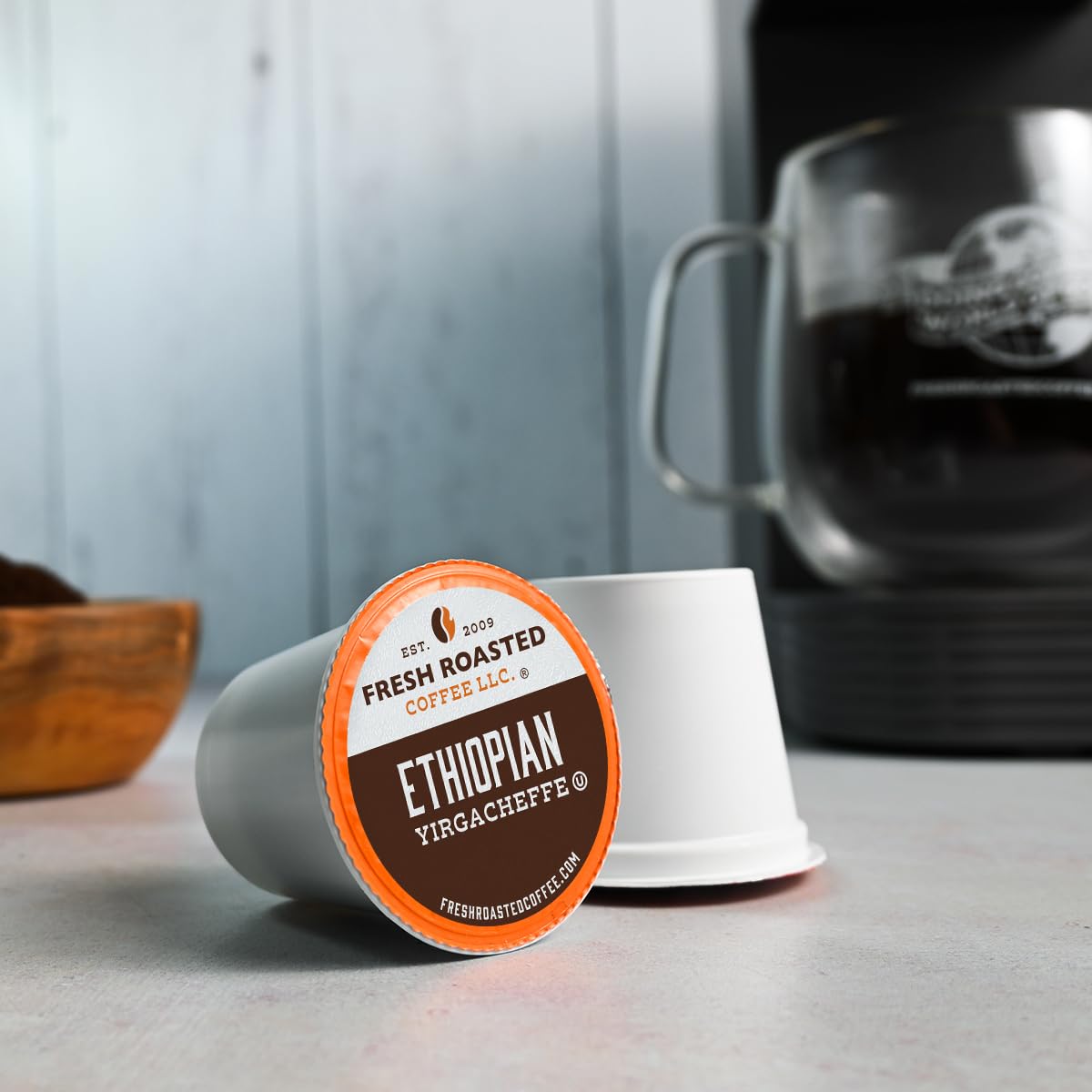 Fresh Roasted Coffee, Ethiopian Yirgacheffe Kochere, Medium Roast, Kosher, K-Cup Compatible, 96 Pods