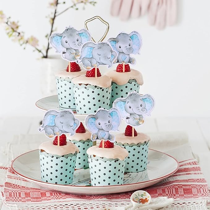 YCTHUNFISH Elephant Cupcake Toppers - 36 Pack, Blue, Paper, Ideal for Birthday Parties and Baby Showers