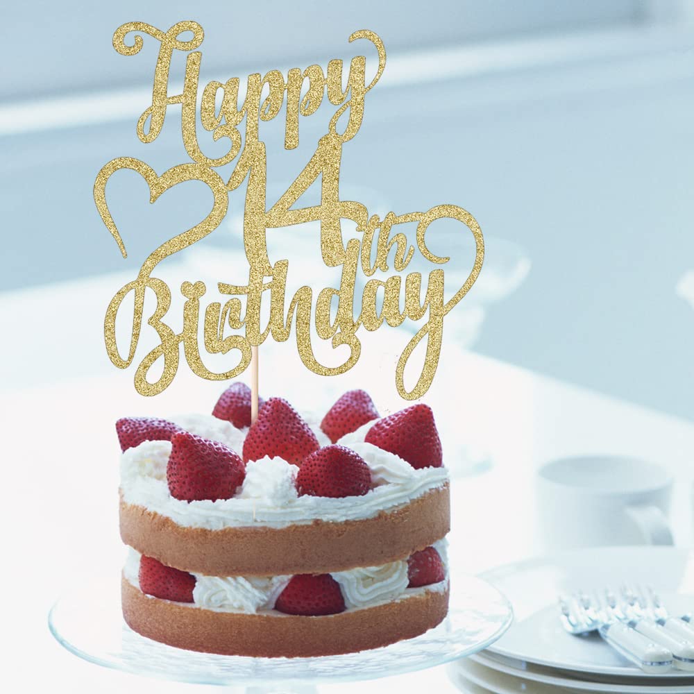 Arokippry Gold Glitter Happy 14Th Birthday Cake Topper - 14 Anniversarybirthday - Hello 14, Cheers To 14 Years,14  Fabulous Cake