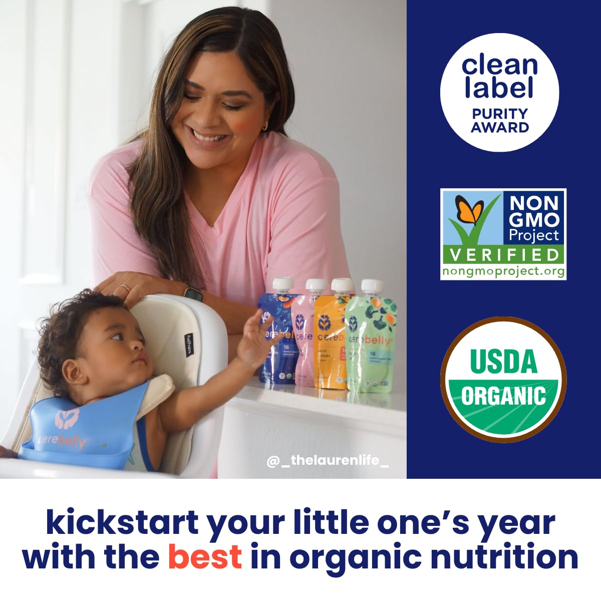 Cerebelly Organic Baby Food Pouches, Spinach Apple Sweet Potato Purees, 16 Nutrients, No Added Sugar, Fiber & Non-Gmo, 4Oz, 1 Count