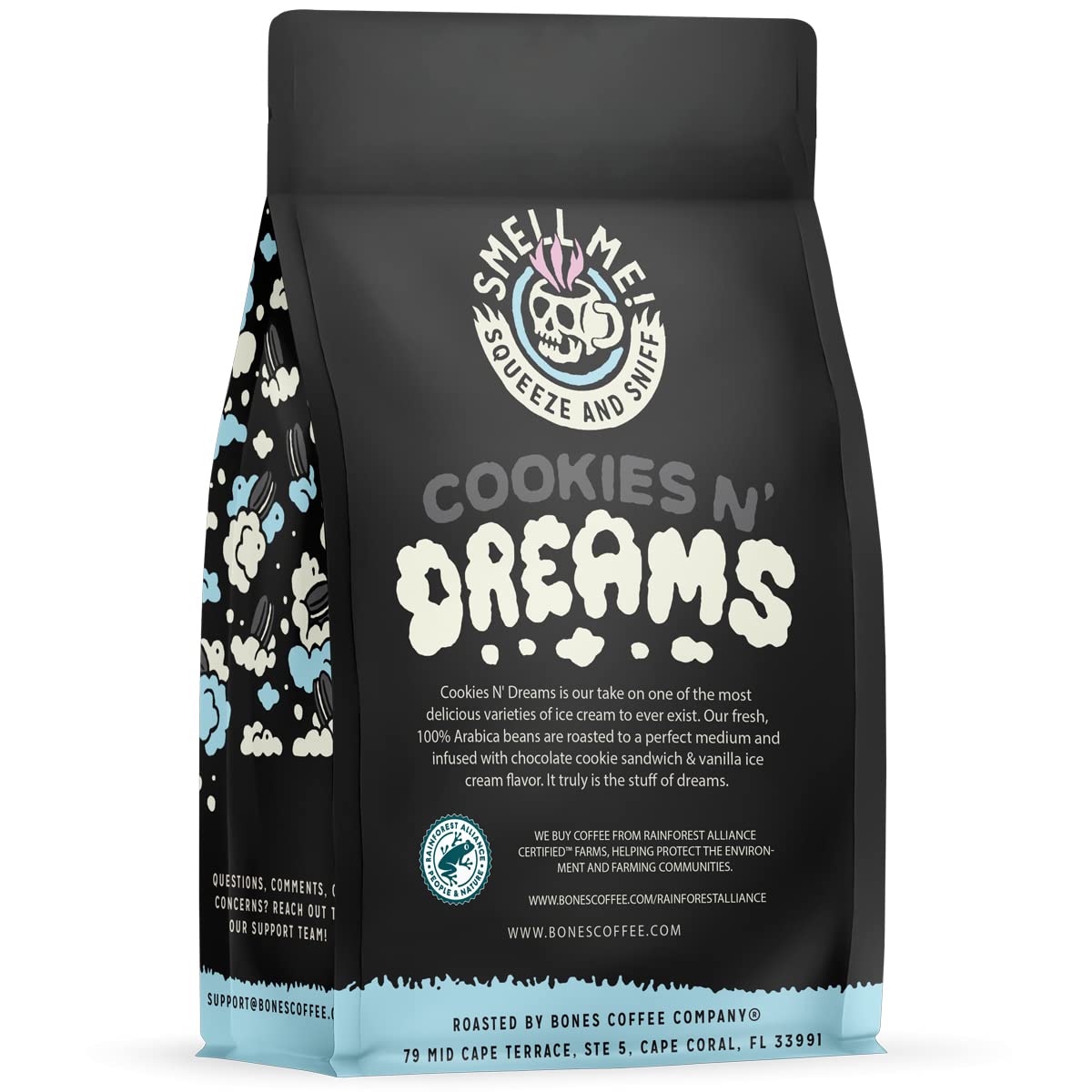 Bones Coffee Company Cookies 'N Dreams Flavored Whole Coffee Beans Cookie & Creams Flavor | 12 Oz Medium Roast Low Acid Coffee Arabica Beans | Coffee Gifts & Beverages (Whole Bean)