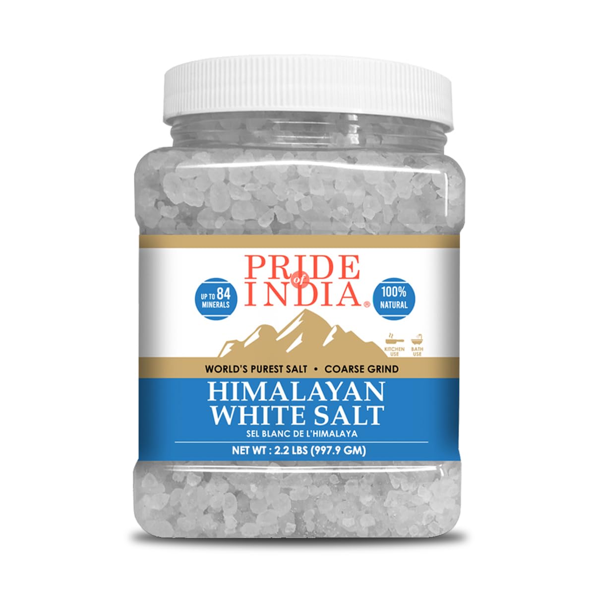 Pride of India- Himalayan White Salt Coarse Grind 2.2 lbs (997.90 gm)- Rarest & Enriched W/84+ Natural Minerals- Low Sodium- Min