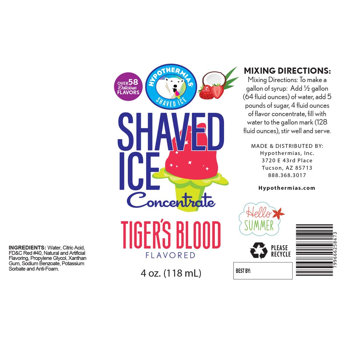 Hypothermias Shaved Ice And Snow Cone Syrup Unsweetened Flavor Concentrate - 4 Fl Oz - Makes 1 Gallon Of Ready To Use Syrup - Ti