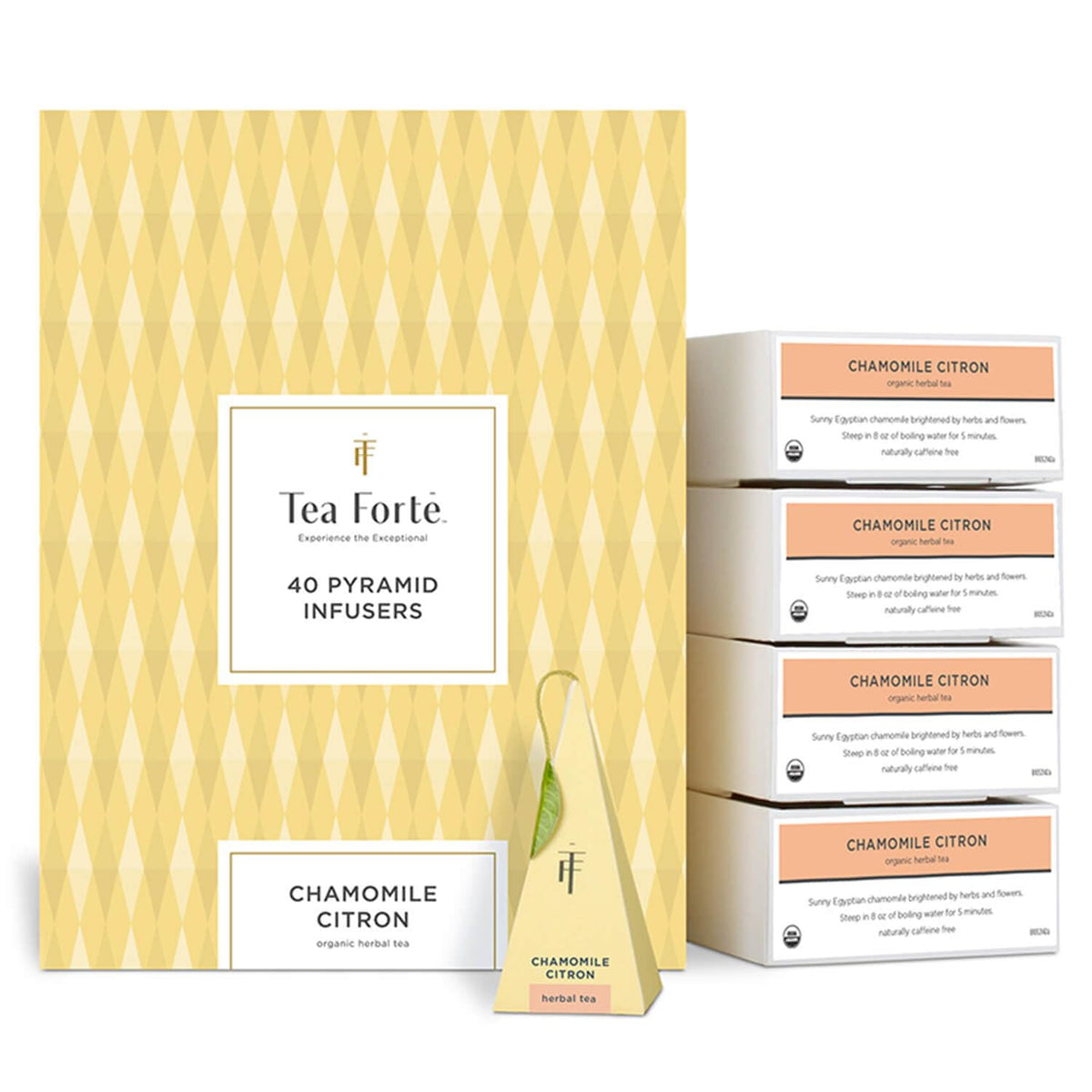 Tea Forte Chamomile Citron Enhanced Organic Caffeine-Free Herbal Tea Blend Event Box, Bulk Pack 40 Count, 10 Per Tray Individually Wrapped Handcrafted Pyramid Infusers