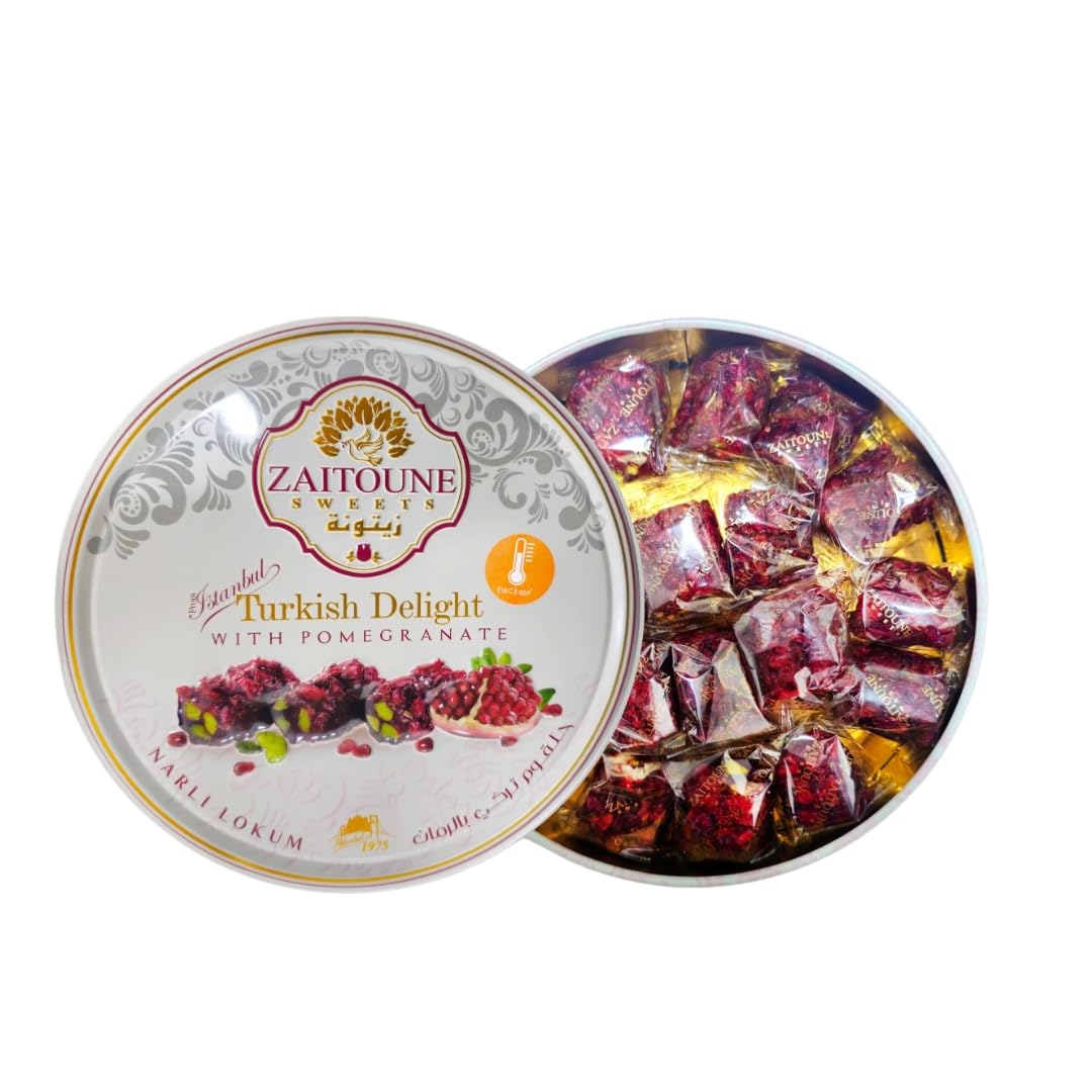 Zaitoune Pomegranate Turkish Delight - 9 oz | Stuffed with Pistachios & Cashews | Handmade Lokum in Gift Tin