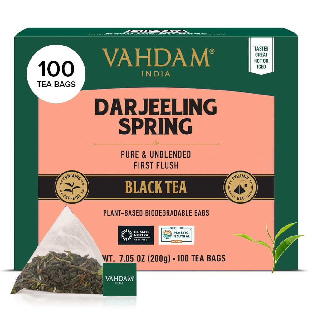 VAHDAM Exotic Darjeeling First Flush Tea Bags, High Caffeine, Non-GMO, Gluten Free, 100 Count, Resealable Ziplock Pouch