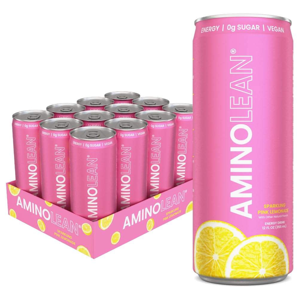 RSP NUTRITION AminoLean Energy Drink - Sugar Free, Natural Caffeine, Vegan Amino Acids, Pink Lemonade, 12 oz, Pack of 12