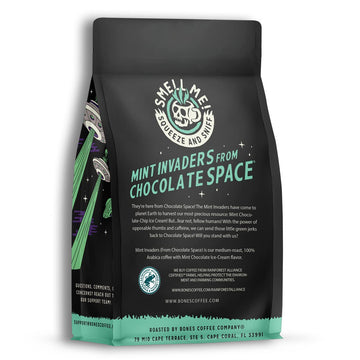 Bones Coffee Company Mint Invaders Whole Coffee Beans Mint Chocolate Chip Flavor, Low Acid Flavored Coffee, Made With Arabica Coffee Beans, Medium Roast Gourmet Coffee (12 Oz)
