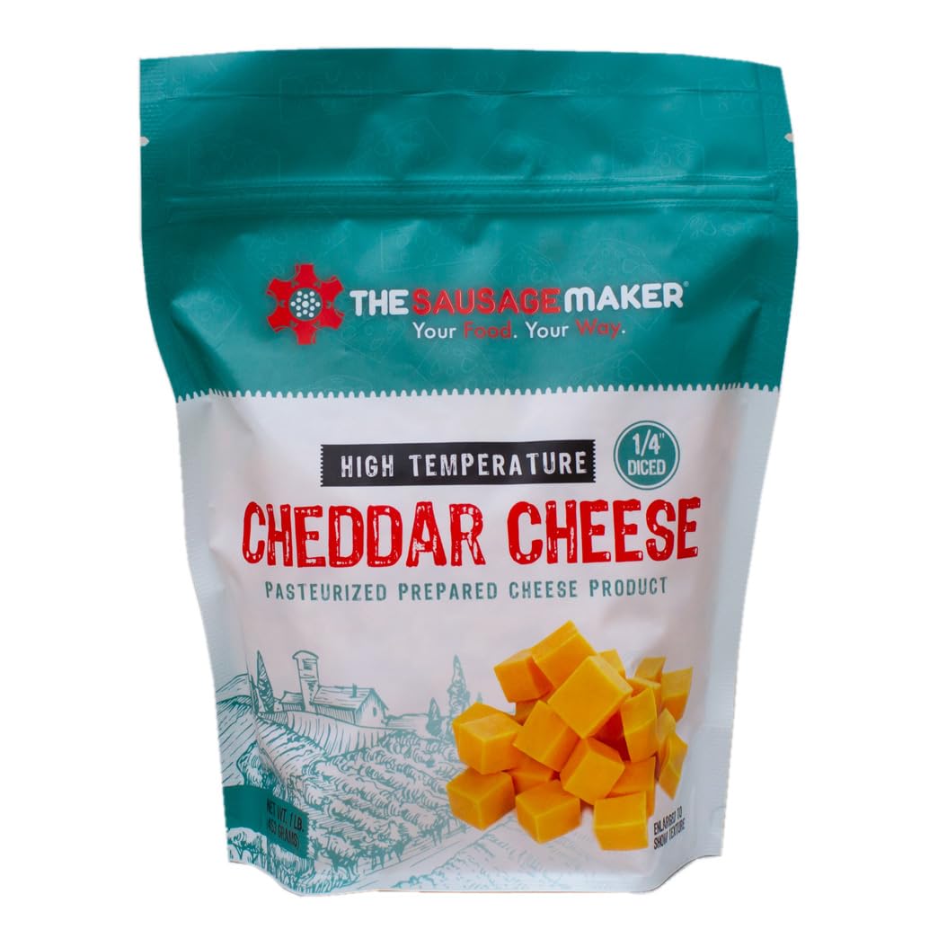 The Sausage Maker High Temp Cheddar Cheese, 1 Lb Diced Cube, 400°F Heat Resistant for Sausage Making and Grilling