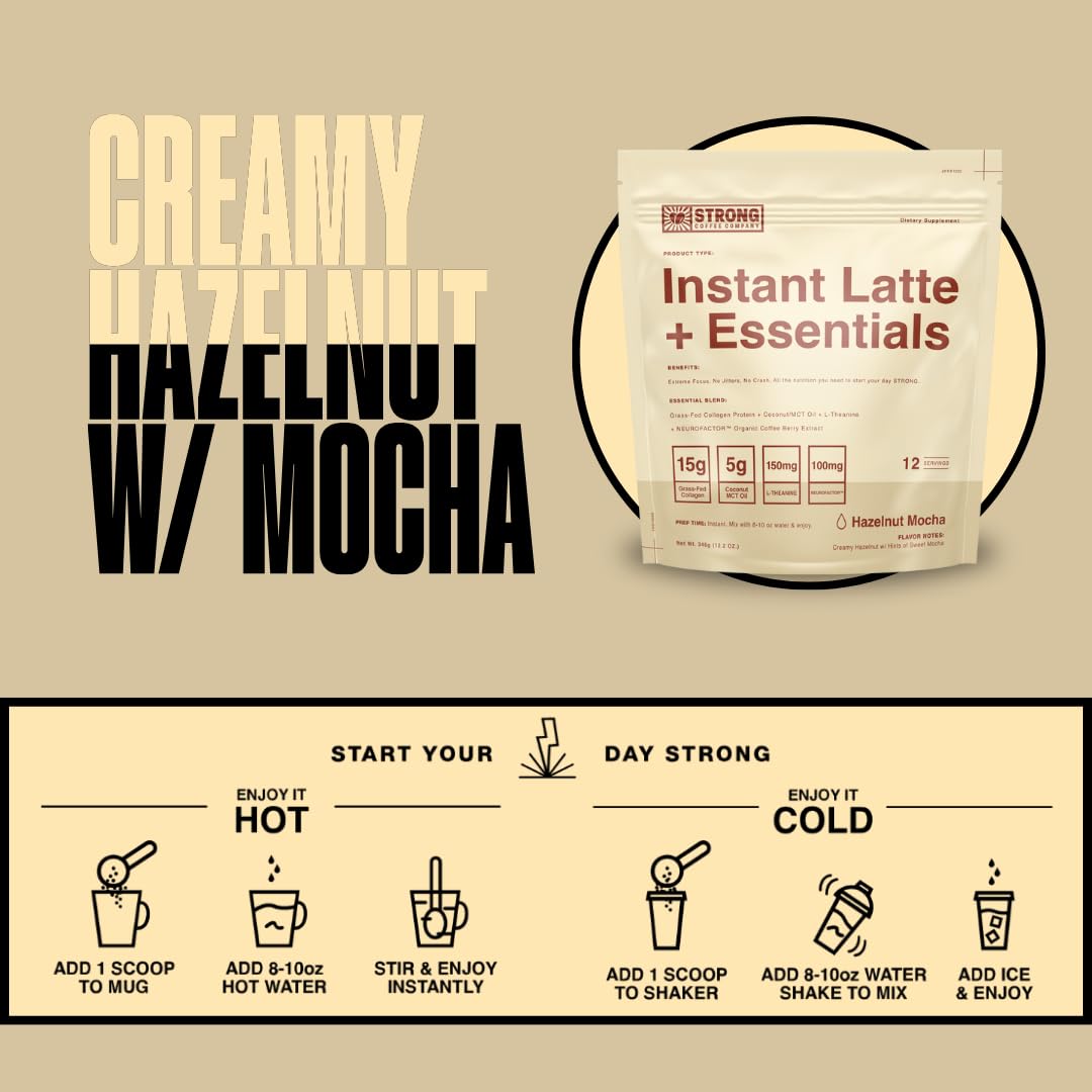 STRONG COFFEE COMPANY  INSTANT HAZELNUT LATTE - 12 Single Serving Packs  15g Protein  Instant Protein Coffee with Collagen  Adaptogens & Nootropics  No Crash  No Jitters