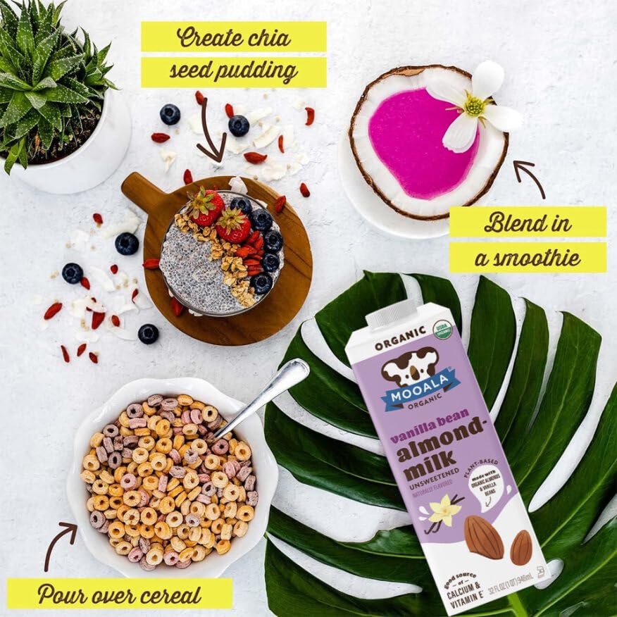 Mooala Organic Vanilla Bean Almond Milk Unsweetened 32 fl oz (Pack of 6) - Shelf-Stable, Lactose Free, Gluten-Free, Vegan, No Ad