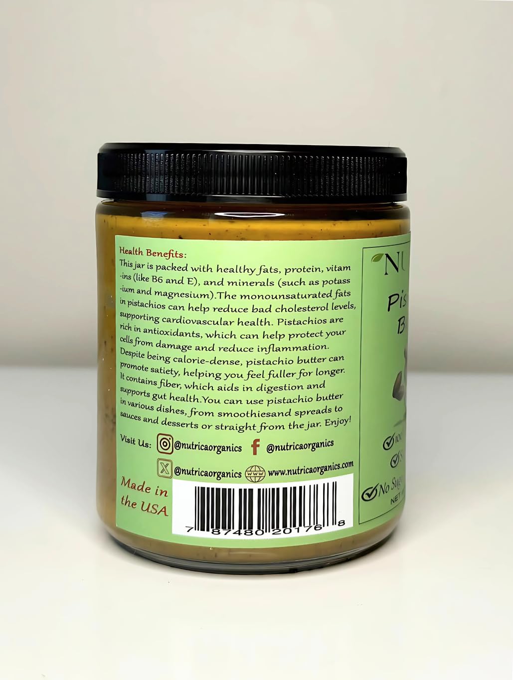 Nutrica Organics 100% Pure Pistachio Butter, Vegan, 9.25oz Glass Jar, No Additives, No Salt, No Sugar