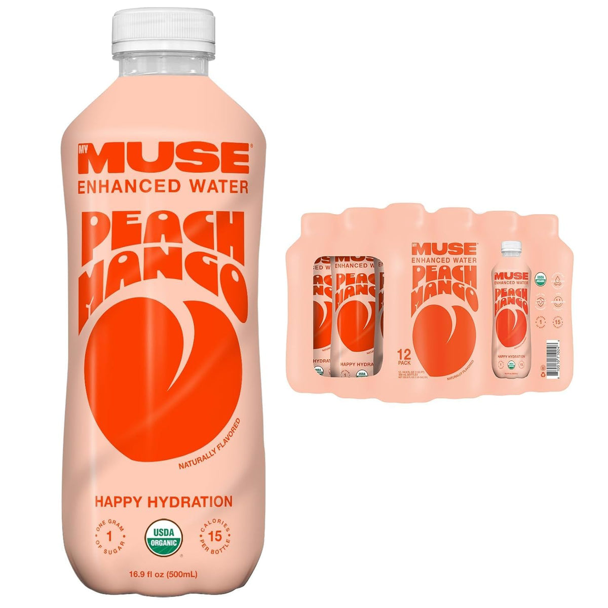 MyMuse Organic Enhanced Flavored Water, Peach Mango, 16.9oz Bottle (12 Pack), Zero Sugar Added, With Zinc, Vitamin A, C & E, Eld