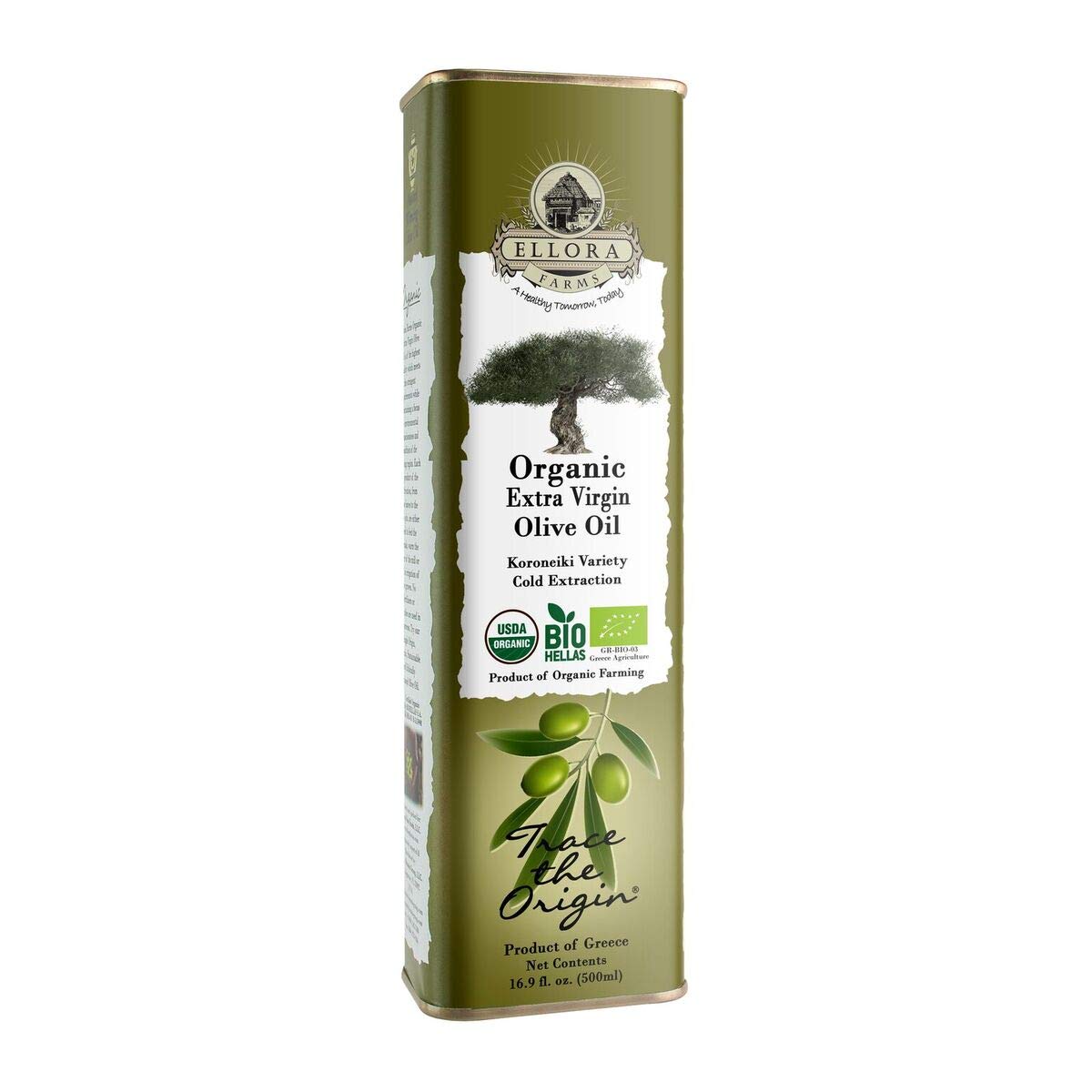 Ellora Farms Organic Usda Extra Virgin Olive Oil First Cold-Pressed Unfiltered Phenol Rich Kosher 17 Oz Tin