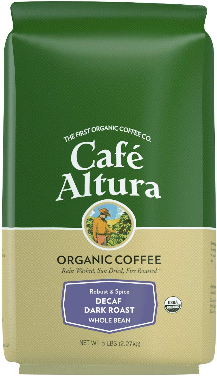 Cafe Altura Whole Bean Decaf Dark Roast Coffee, 80 Ounce, Water Process, Model 3475