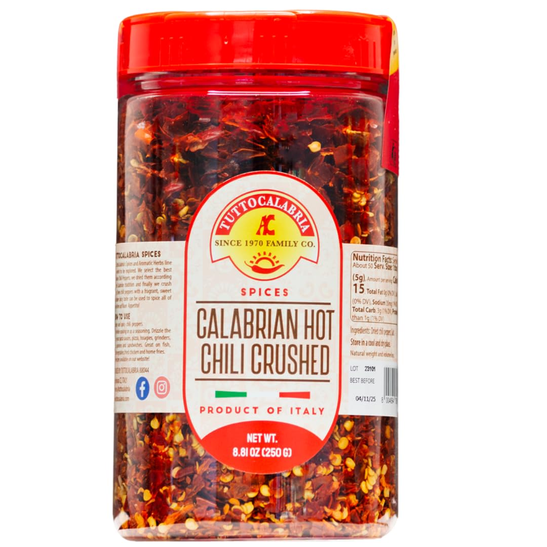Calabrian Crushed Chili Dry Pepper Flakes, Large Shaker, Product of Italy, 250 g (8.81 oz) All Natural, Non-GMO, Product of Ital