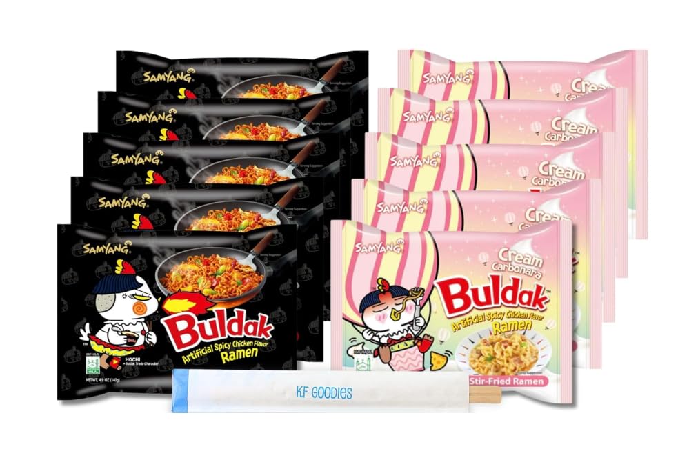 Samyang Buldak Hot Spicy Chicken Ramen Noodle Korean Stir-Fried Ramen, Cream Carbonara And Original Flavor, 5 Pack For Each Flav