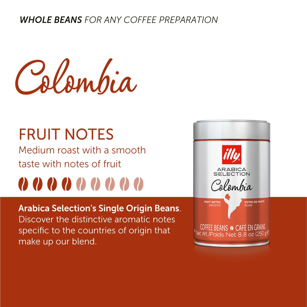 Illy Whole Bean Coffee - Perfectly Roasted Whole Coffee Beans - Colombia Medium Roast - Smooth Taste, Notes Of Fruit - Fruit Not