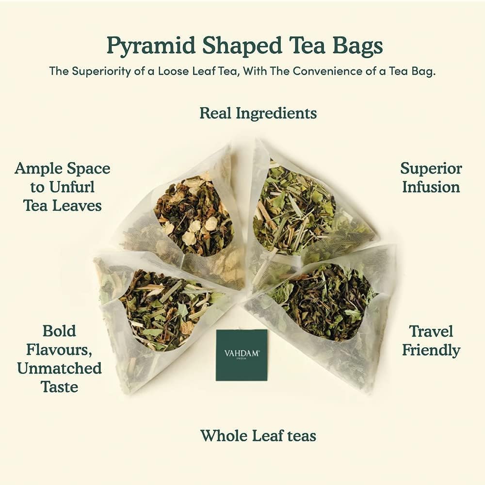 Vahdam, Turmeric Ginger Herbal Tea Bags (30 Pyramid Tea Bags) Caffeine Free, Non Gmo, Gluten Free | 100% Pure Herbal Blend - Savory & Spicy | Individually Wrapped Pyramid Tea Bags | Direct From Source