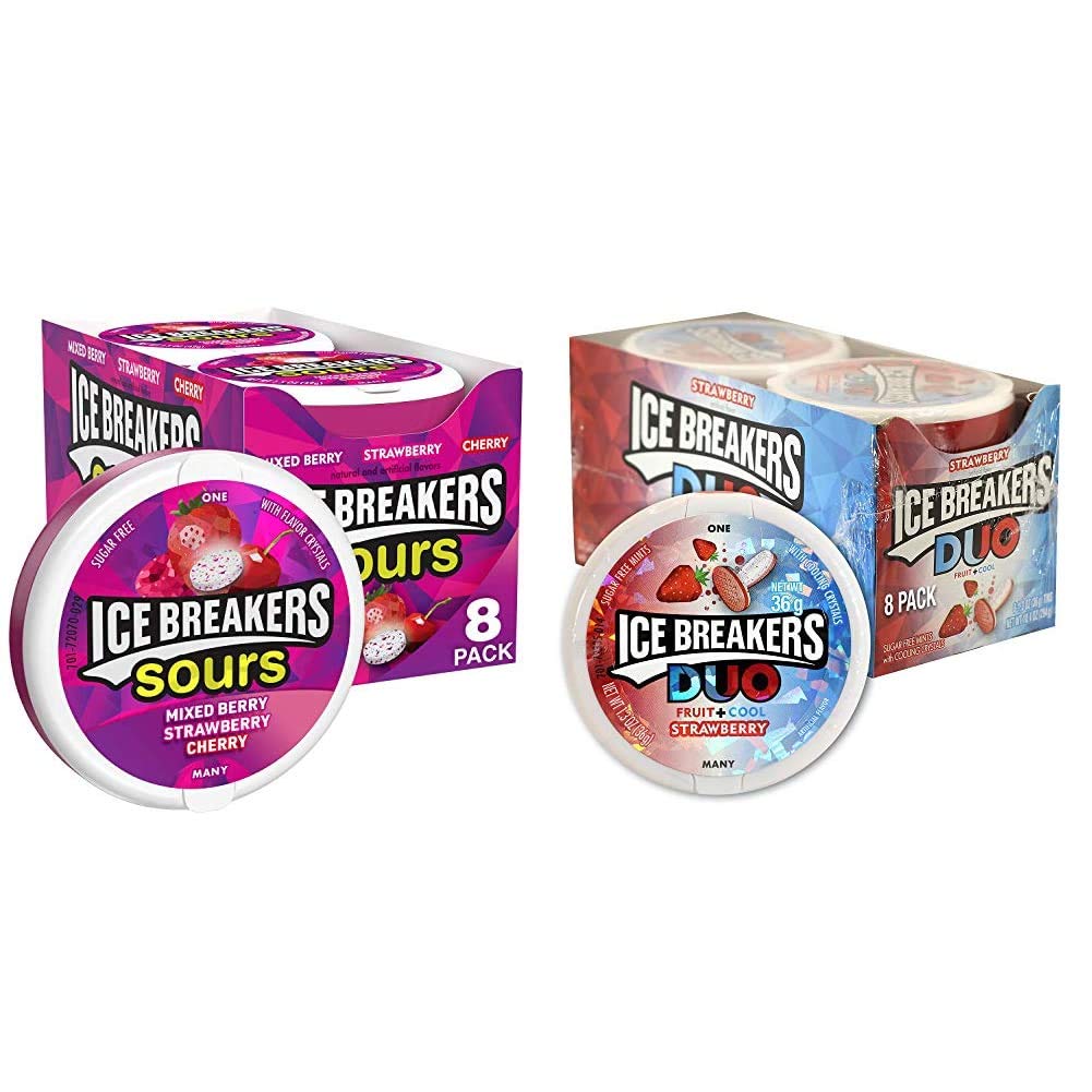 ICE BREAKERS Sours Assorted Fruit Flavored Sugar Free Mints Tins (8 Count) and ICE BREAKERS Duo Fruit Plus Cool Strawberry Sugar