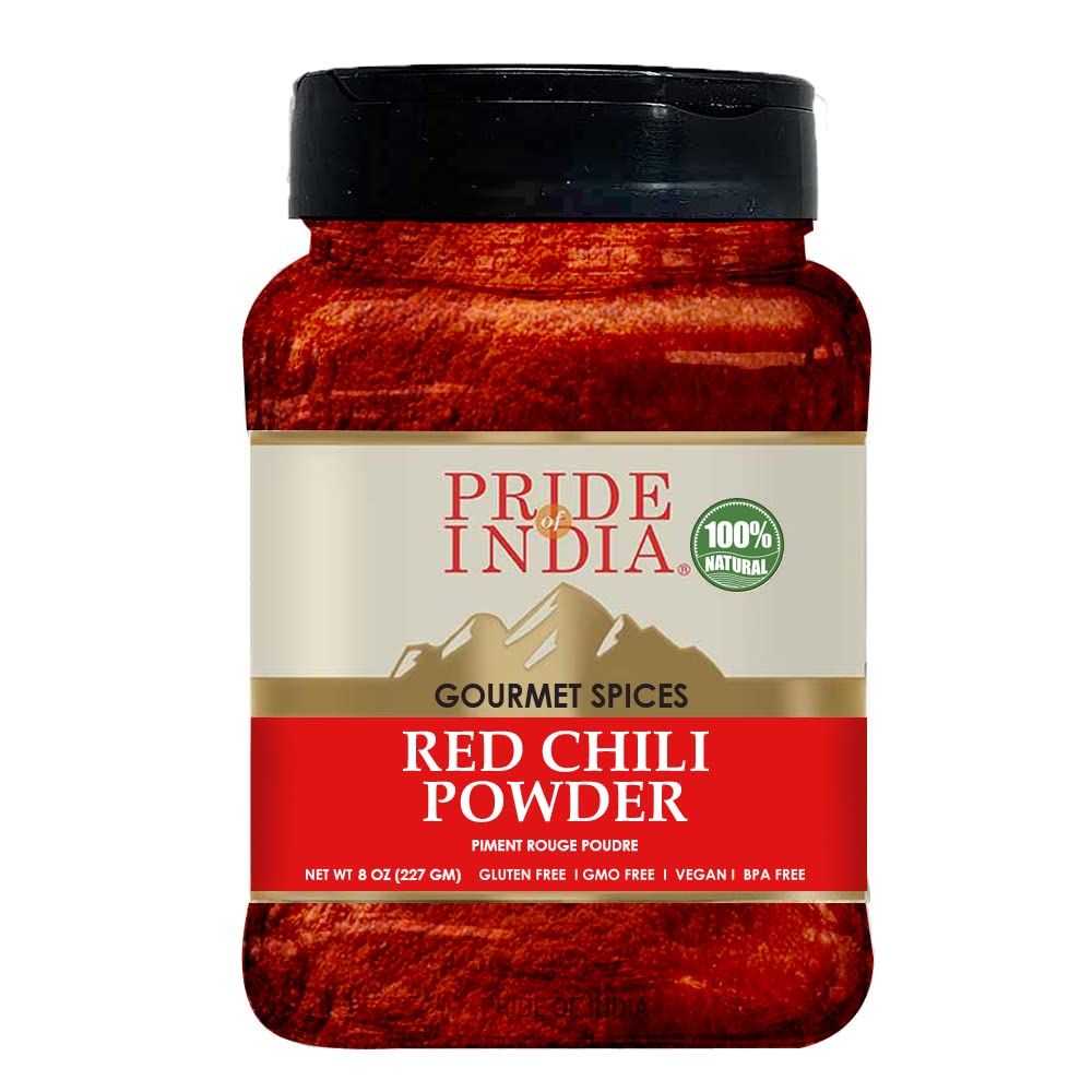 Pride Of India Red Chili Ground Spice - GMO/Gluten Free - 8oz Medium Dual Sifter Jar - Ideal for Gourmet & Savory Dishes