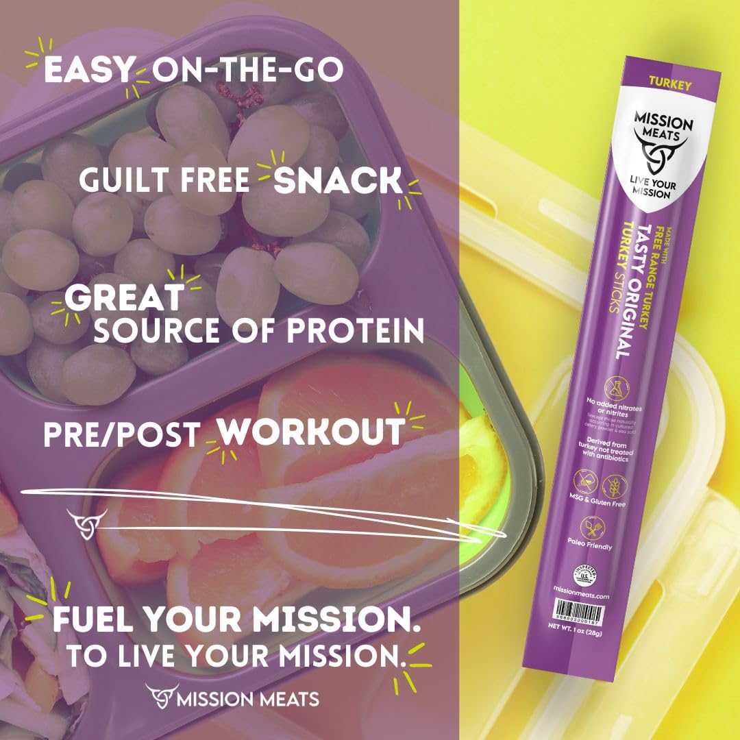 Mission Meats Turkey Sticks - Free Range, Gluten Free, Whole 30, Paleo, Keto Meat Sticks, Sugar Free Jerky Turkey Sticks Individ