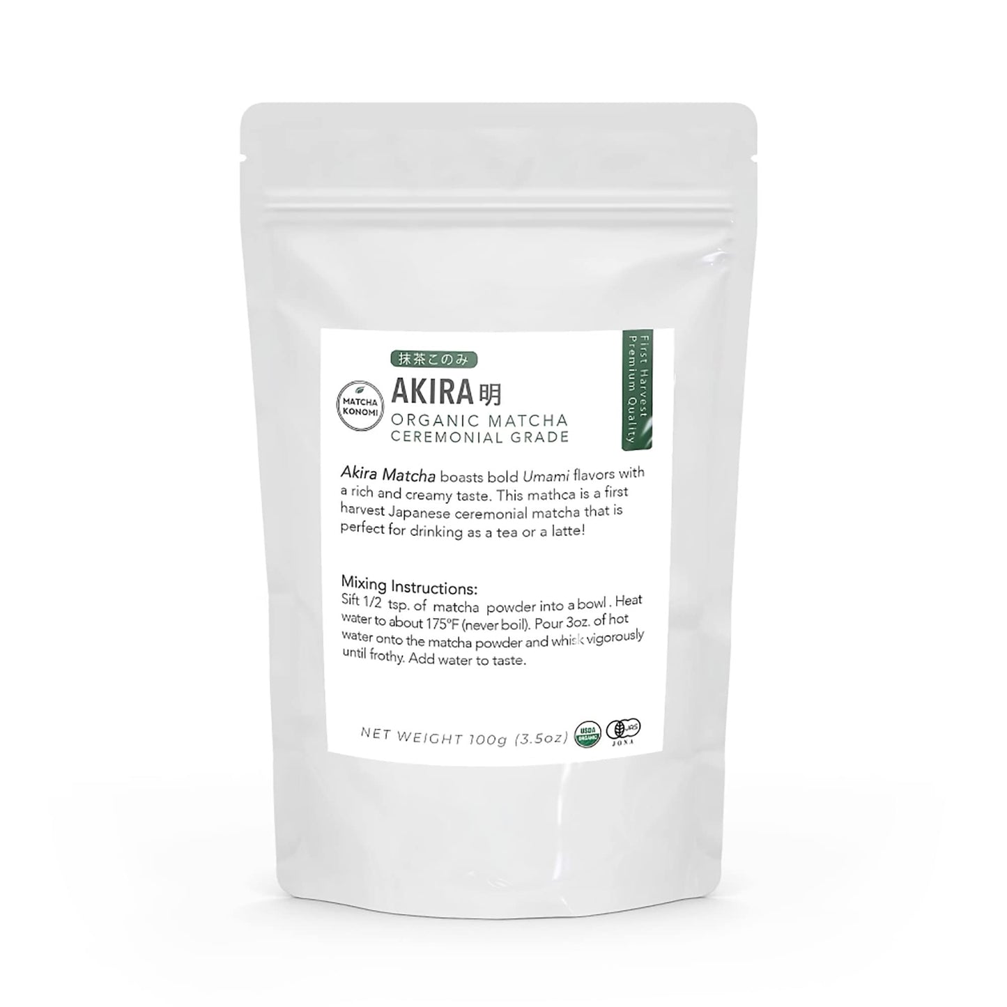 Akira Matcha 100G - Organic Enhanced Ceremonial Japanese Matcha Green Tea Powder - First Harvest - Zero Sugar - Usda And Jas Certified (3.5 Oz Bag)