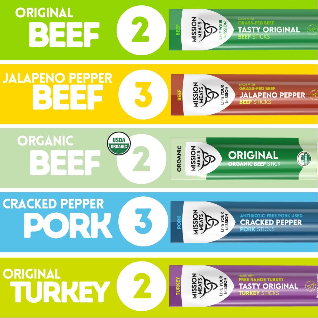 Mission Meats Variety Pack – Organic Beef, Free Range Turkey,  ed Pepper Pork, Gluten & Sugar Free – 12 Count